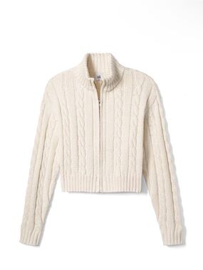 Cabi Eastwood Cardigan Cable-Knit Zip-Up Sweater Jacket - Cream